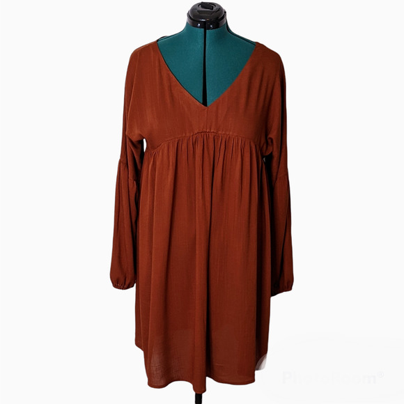 Chvity Rust Knee Length Loose Flowy Long Sleeved Empire Style Dress Size L NWT - Picture 1 of 6
